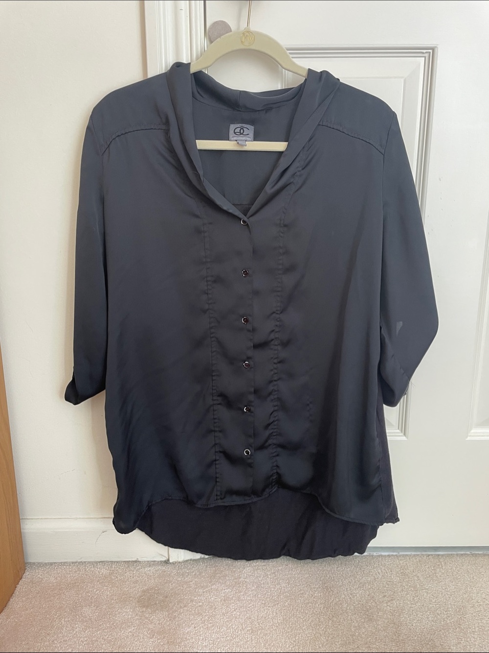 Black Button-Front V-Neck Blouse